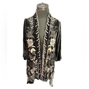 Johnny Was Velvet Embroidered Duster Jacket Floral Boho XS Gray Pink